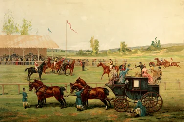 Rennfelder. Farbchromolithographie Ende des 19. Jahrhunderts.