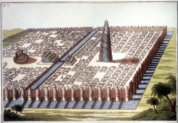 Rekonstruierte Ansicht der antiken Stadt Babylon mit der Umfriedung, den Hängenden Gärten und der Zikkurat.