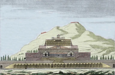 Rekonstruktion des Tempels der Fortuna (römische Göttin des Glücks) in Palestrina, Italien. Gravur aus dem 19. Jahrhundert