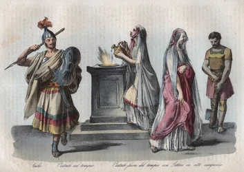 Religion im antiken Rom - Salier (springende Priester) und Vestalinnen oder vestalische Jungfrauen - Stich aus „Usi e Costumi di Tutti i Popoli dell