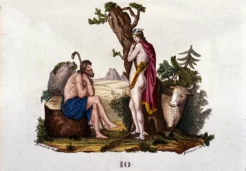 Darstellung von Argus und Io, von Merkur in eine Kuh verwandelt. Platte aus „Wörterbuch der Mythologie“ 1888