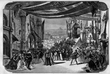 Aufführung von Don Carlo, Oper in 5 Akten von Giuseppe Verdi an der Pariser Oper am 11. März 1867. In Neuvilles Zeichnung der dritte Akt, viertes Bild, Szene IX.