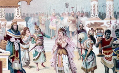 Darstellung von Szene 1 des Aktes I von "Die Königin von Saba", Oper komponiert von Karl Goldmark (1830 - 1915). Chromolithographie des 19. Jahrhunderts