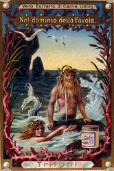 Darstellung von Tritonen, legendären Kreaturen halb Mensch halb Fisch. Chromolithographie des 19. Jahrhunderts
