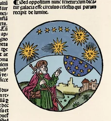 Darstellung des griechischen Philosophen Aristoteles (384-322 v. Chr.), der auf die Sterne zeigt. Gravur aus „Textus abbreviatus Aristotelis super octo liris Phisicorum & tota naturalis philosophia“ von Thomas Bricot (gest. 1516). 1496