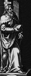 Darstellung des griechischen stoischen Philosophen Zenon von Kition (335-262 v. Chr.). Gravur aus dem Frontispiz von „Philosophische Werke“ von Seneca