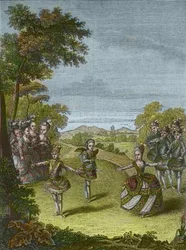 Darstellung des Balletts „Der Triumph der Liebe“ von Christoph Willibald Gluck in Schönbrunn, Wien 1865 (Gravur)