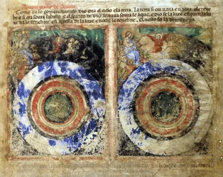 Darstellung der Erschaffung der Welt. Genesis. Miniatur aus Codex 212 (oder Padovano Codice oder Bibel von Padua) 1390-1400 Rovigo, Accademia dei Concordi