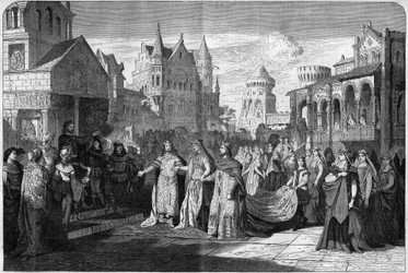 Darstellung der romantischen Oper „Lohengrin“ von Richard Wagner (1813-1883), Akt II letzte Szene, im Königlichen Theater in München, Deutschland. Gravur in „The Illustrious Universe“