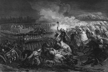 Rückzug der Araber vor dem von der französischen Armee gebildeten Viereck in Constantine 1837. In „Algerie ancienne et moderne“ von Leon Galibert