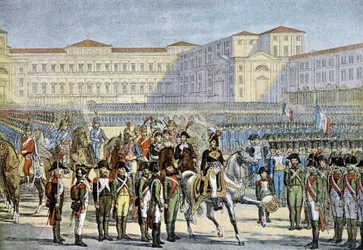 Überprüfung der italienischen Armee in Mailand durch General Murat (1800) - Lithographie