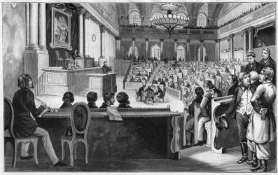 Revolution in Wien 1848 - Die Versammlung der ersten österreichischen konstituierenden Versammlung (Reichsversammlung), Juli 1848, in der Spanischen Hofreitschule in Wien, Österreich.