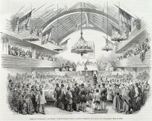 Revolution von 1848: Brüderlichkeitshalle, Rue Martel, der Präsident vertagte die Sitzung beim Eintritt des Kommissars in den Raum