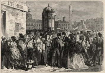 Revolution vom September 1868 in Spanien (Gloriosa): Verlesung des Manifests der Junta in der Straße von Alcala in Madrid. Gravur in „L