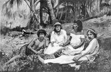 Robert Louis Stevenson (1850-1894) mit seiner Frau in Samoa, wo er seinen Wohnsitz hatte. Veröffentlicht in Vailima. Gravur um 1890-1895