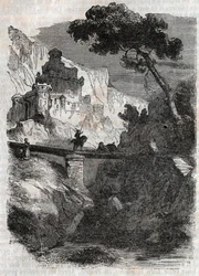 Rodomont wird von Bradamante besiegt - Gravur von 1851 aus „Roland der Rasende“ (Orlando furioso) (16. Jahrhundert) von Ludovico Ariosto, bekannt als der Ariosta - Ausgabe, übersetzt aus dem Italienischen von Graf von Tressan und veröffentlicht von Gustave