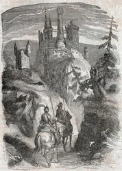 Roger und Richardet sehen das Schloss von Aigremont - Gravur von 1851 aus „Furioser Roland“ (Orlando furioso) (16. Jahrhundert) von Ludovico Ariosto, bekannt als der Ariosta - Ausgabe übersetzt aus dem Italienischen von Graf von Tressan und veröffentlicht 