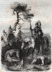 Roger (Ruggero, Ruggiero) benutzt den verzauberten Schild - Gravur von 1851 aus „Roland der Rasende“ (Orlando furioso) (16. Jahrhundert) von Ludovico Ariosto, bekannt als der Ariosta - Ausgabe, übersetzt aus dem Italienischen von Graf von Tressan und veröf