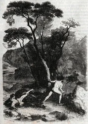 Roland verfolgt Angelique (Angelica) - Gravur von 1851 aus „Roland der Rasende“ (Orlando furioso) (16. Jahrhundert) von Ludovico Ariosto, bekannt als der Ariosta - Ausgabe, übersetzt aus dem Italienischen von Graf von Tressan und veröffentlicht von Gustave