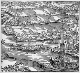 Römisches Gallien: ein Denkmal, erbaut von den Pariser Seeleuten unter der Herrschaft von Tiberius, an der Mündung von Seine und Marne. Gravur in „La Marine et les colonies: commerce“