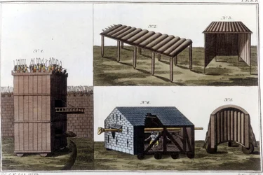 Römische Kriegsmaschinen. Gravur aus dem frühen 19. Jahrhundert.