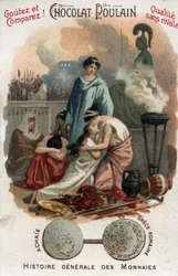 Römische Herrschaft in Griechenland: Plünderung von Korinth durch Lucius Mummius im Jahr 146 v. Chr. in der Region Achaia. In der Allgemeinen Münzgeschichte. Schokoladenfohlen-Chromolithographie aus dem späten 19. Jahrhundert. Private Sammlung.