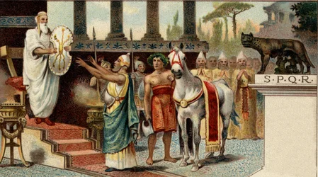 Römisches politisches System. Der König: Numa Pompilius, legendärer König von Rom (-715, -672), übergibt den heiligen Schild den salischen Priestern. Chromolithographie aus dem späten 19. Jahrhundert.