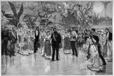 Ball zu Ehren von Prinz Rodolph (1858-1889) und Prinzessin Stephanie von Österreich-Ungarn (1864-1945) im Nationaltheater in Bukarest. Gravur in „Le Monde Illustré“
