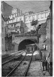 Route der Eisenbahn von Lyon nach Fourvière - Gravur in „Journal des voyages“ 1884