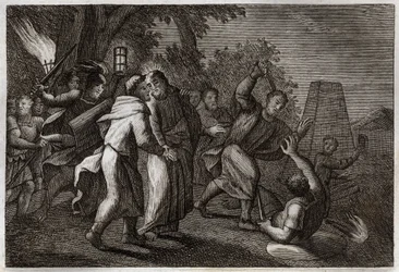 Bibel von Royaumont, Neues Testament: Verhaftung Jesu Christi oder der Kuss des Judas. Die Soldaten kommen, um Christus im Garten Gethsemane zu verhaften. St. Petrus schneidet einem von ihnen das Ohr ab. Illustration von 1811.