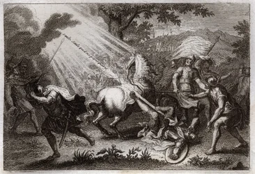 Royaumont-Bibel, Neues Testament: Bekehrung des heiligen Paulus auf dem Weg nach Damaskus. Er hört die Stimme von Jesus Christus, die zu ihm sagt: „Saul, Saul, warum verfolgst du mich?“ und ein Pferd fällt. Illustration von 1811