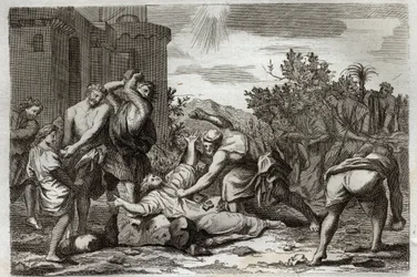 Royaumont-Bibel, Neues Testament: Tod des heiligen Stephanus, erster christlicher Märtyrer, durch Steinigung. Illustration von 1811.