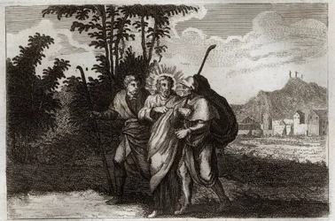 Royaumont-Bibel, Neues Testament: Jünger von Emmaus. Die beiden Jünger von Emmaus treffen den auferstandenen Christus. Illustration von 1811.