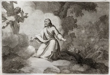 Royaumont-Bibel, Neues Testament: Jesus Christus im Garten (Gebet am Ölberg). Ein Engel mit einem Kelch erscheint Jesus. Die Apostel St. Peter, St. Johannes und St. Jakobus schlafen. Illustration von 1811.