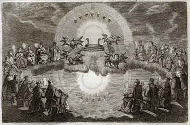 Royaumont-Bibel, Neues Testament: Offener Himmel. Ein Thron erscheint umgeben von einem Löwen, einem Ochsen, einem Menschen und einem Adler (Tetramorph) und sieben Lampen. Vierundzwanzig alte Menschen sitzen auf Thronen und umgeben diese Vision. Illustrati