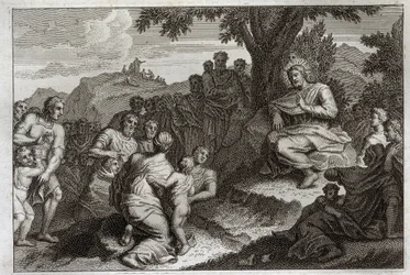 Royaumont-Bibel, Neues Testament: Bergpredigt. Jesus Christus wählt zwölf Apostel aus seinen Jüngern und hält vor ihnen und vor einer großen Menge die Predigt, die gewöhnlich Bergpredigt genannt wird. Illustration von 1811.