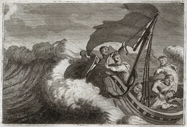 Royaumont-Bibel, Neues Testament: Sturm beruhigt. Die Apostel werden von einem Sturm überrascht, wecken Jesus Christus, der in ihrem Schiff schläft, und er beruhigt auch das Meer von Galiläa. Illustration von 1811.