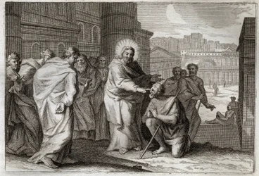 Royaumont-Bibel, Neues Testament: Der Blinde. Jesus Christus heilt den Blinden auf wundersame Weise. Illustration von 1811.