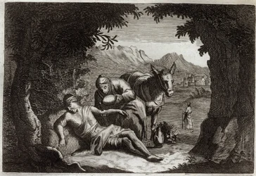Royaumont-Bibel, Neues Testament: Das Gleichnis vom barmherzigen Samariter. Der Samariter hält auf seinem Weg an, um dem Mann in Not zu helfen. Illustration von 1811.