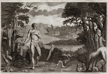 Royaumont-Bibel, Altes Testament: Schöpfung von Mann und Frau. Gott, der den Menschen erschaffen hat, setzt ihn ins irdische Paradies und verbietet ihm, von der Frucht des Baumes der Erkenntnis von Gut und Böse zu essen. Illustration von 1811
