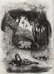 Ruggiero auf der Insel Alcina - Gravur von 1851 aus dem Gedicht Orlando furioso (1516) von Ludovico Ariosto - Ausgabe übersetzt aus dem Italienischen von Graf von Tressan und veröffentlicht von Gustave Harvard 1851