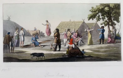 Russischer Tanz und Spiel. In „Das alte und moderne Kostüm“ 1819-1820, von Ferrario.