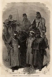 Russische Soldaten, die die Autorität des Kaisers im weiten Gebiet Russlands aufrechterhalten, die russische Armee ermöglichte auch einen sehr schnellen sozialen Aufstieg, indem sie jedem ihrer Mitglieder bestimmte Privilegien und Bildung gewährte. Gravur 