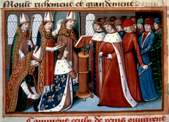 Salbung König Karls VII. (1422-1461) durch den Erzbischof von Reims am 17/07/1429. Miniatur aus „Vigilles du roi Charles VII“ von Martial d