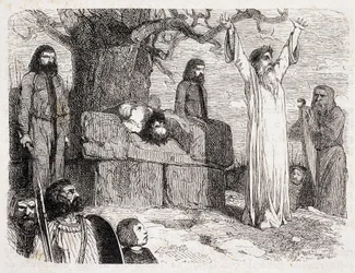 Menschliches Opfer durch Druiden - in „La bretagne ancienne et moderne“ von Pitre-Chevalier, herausgegeben von W. Coquebert