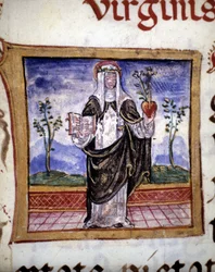 Heilige Katharina von Siena (1347 - 1380) hält ein Buch und ein Herz, Miniatur aus dem 15. Jahrhundert