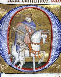 Der heilige Martin teilt seinen Mantel mit einem Armen. Miniatur aus dem 14. Jahrhundert. Biblioteca Nazionale Braidense, Mailand.