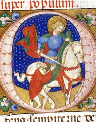 Der heilige Martin teilt seinen Mantel mit einem Armen. Miniatur aus dem 15. Jahrhundert. Biblioteca Nazionale Braidense.