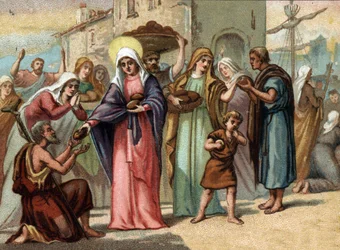 Sainte Genevieve (422-502), Schutzpatronin von Paris während der Hungersnot. Chromolithographie um 1890