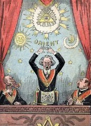 Satirische Darstellung einer Freimaurerloge, der von Freimaurersymbolen umgebene Großmeister ist in seiner Loge heftig erregt. Karikatur aus „Le Pèlerin“, 23/06/1912. Privatsammlung